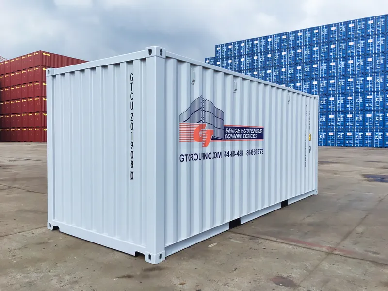A new white 20 ft container branded with GT Group service details