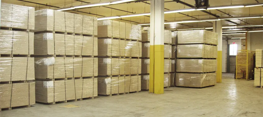 Interior of the GT Group warehouse in Montreal stacked with palletised goods