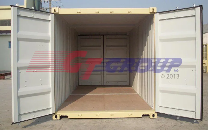 Container with doors open showing hardwood flooring